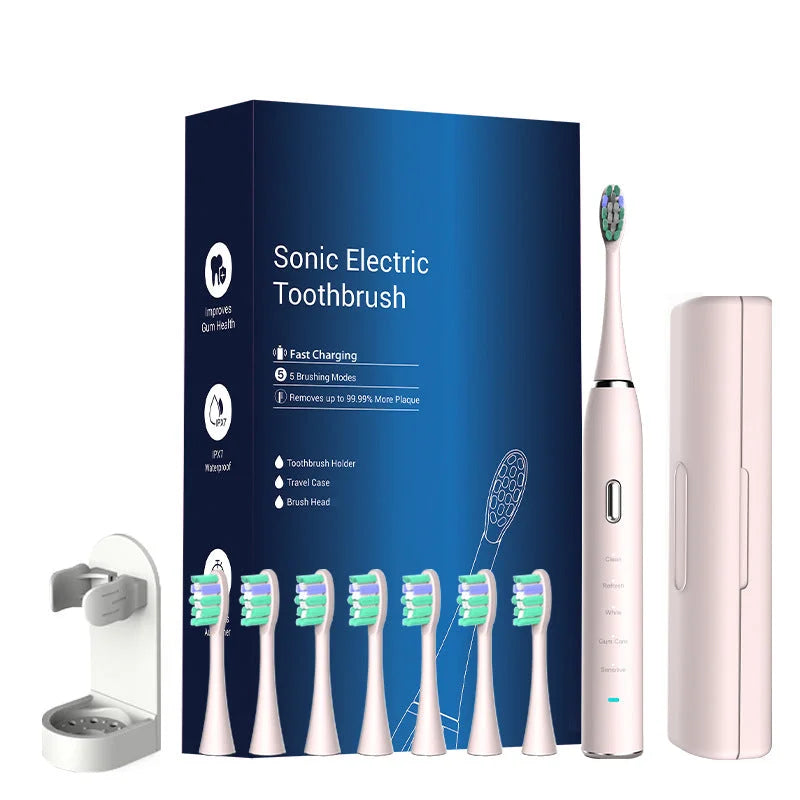 Pink Sonic Rechargeable Electric Toothbrush with 8 Heads &