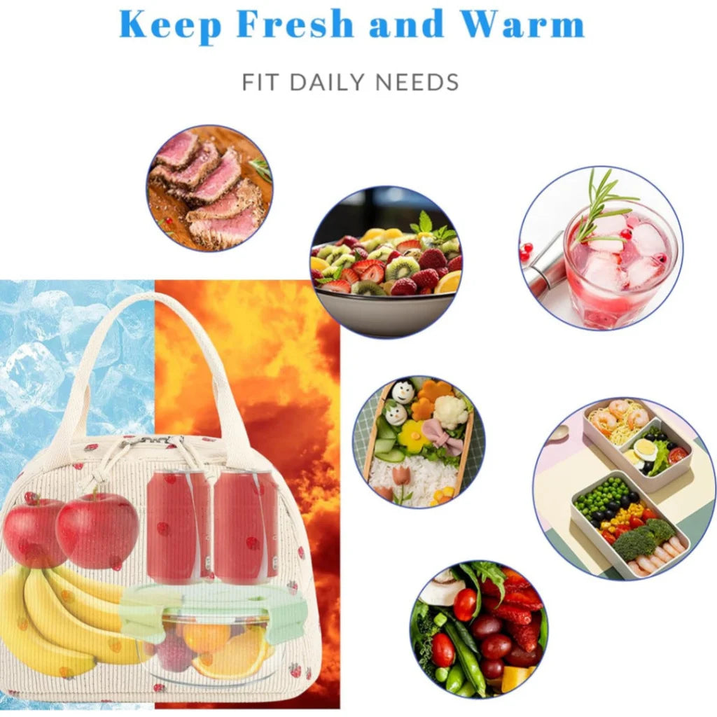 Pink Strawberry Pattern Corduroy Lunch Bag - Insulated