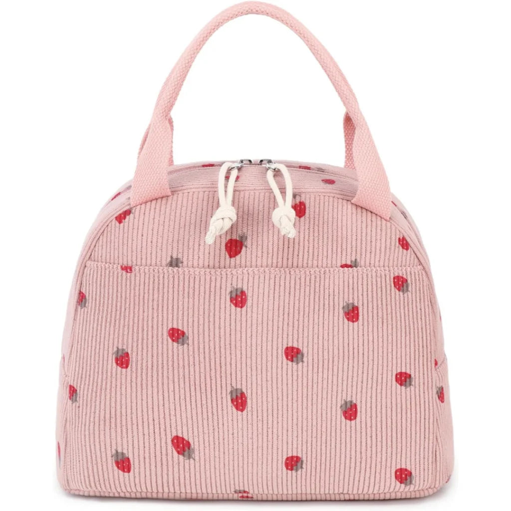 Pink Strawberry Pattern Corduroy Lunch Bag - Insulated