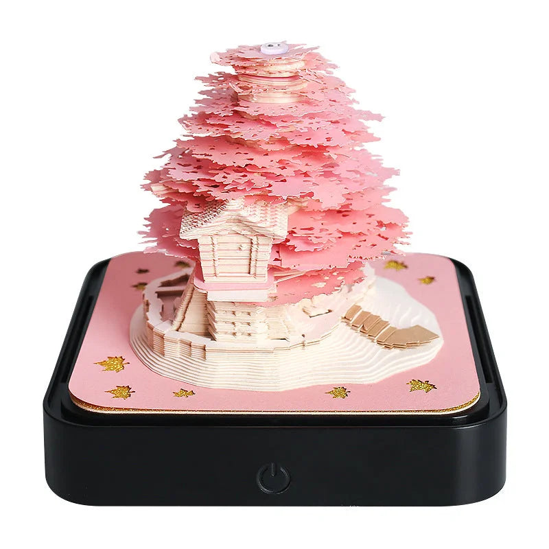 Pink Tree House 3D Paper Sculpture Night Light with Notepad