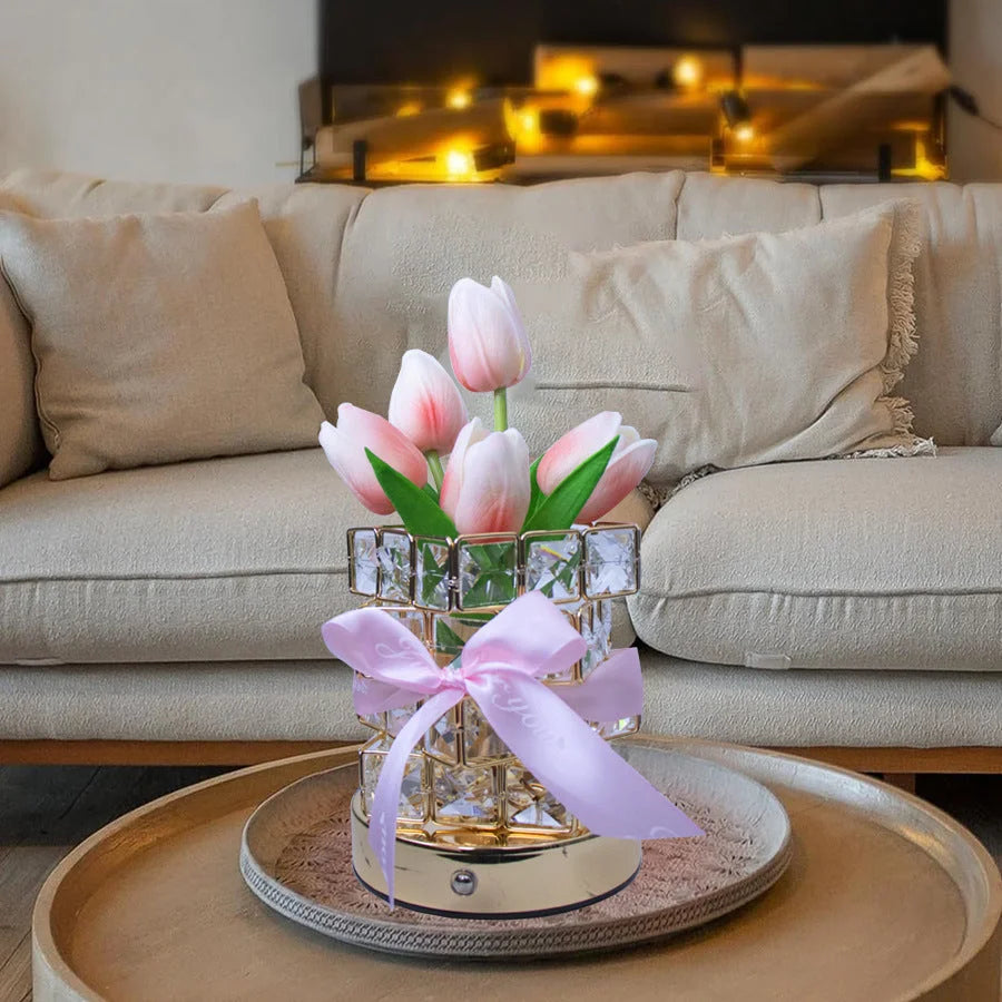 Pink tulips LED Crystal Flower Table Lamp - USB