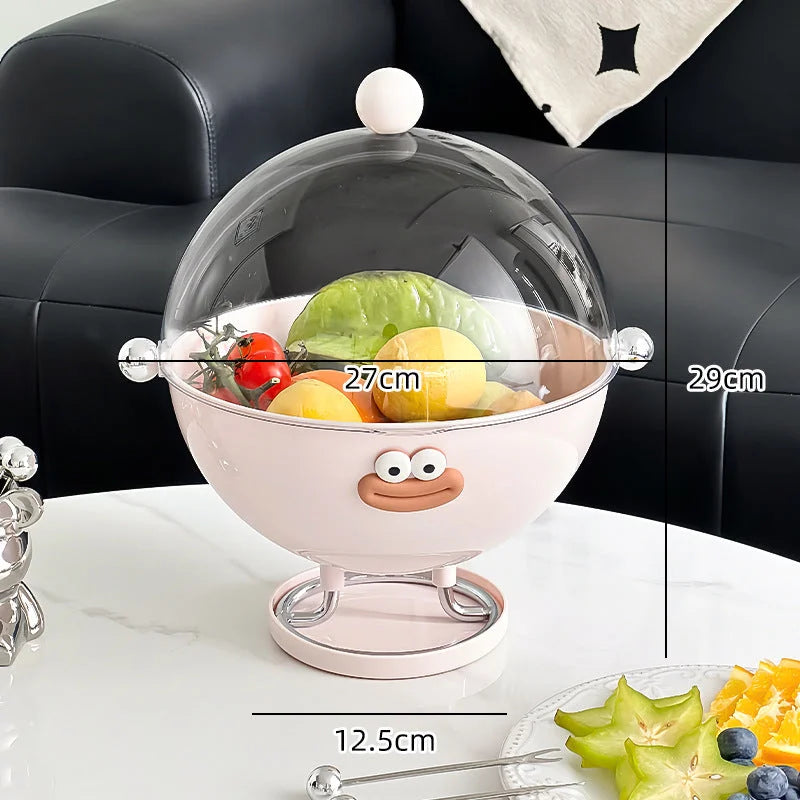 Pink Whimsical Covered Fruit Bowl with Flip Lid & Drainer