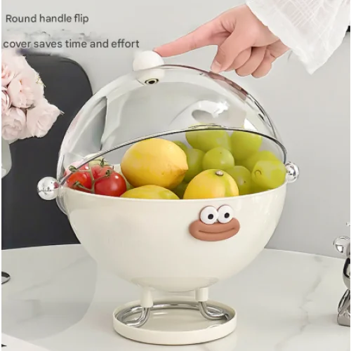 Pink Whimsical Covered Fruit Bowl with Flip Lid & Drainer