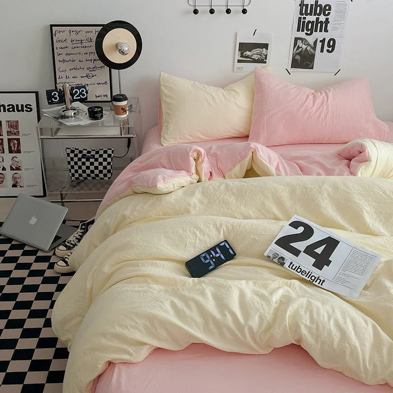 Pink-yellow 1.5m Bed Fitted Sheet Set with 200x230cm Duvet