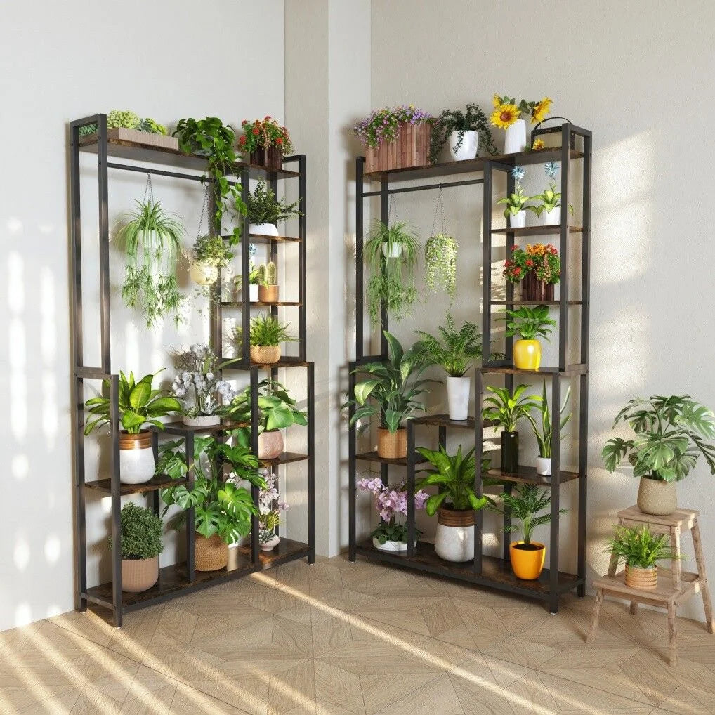 Plant Stand Shelf Rack with Hanging Rod Indoor Outdoor