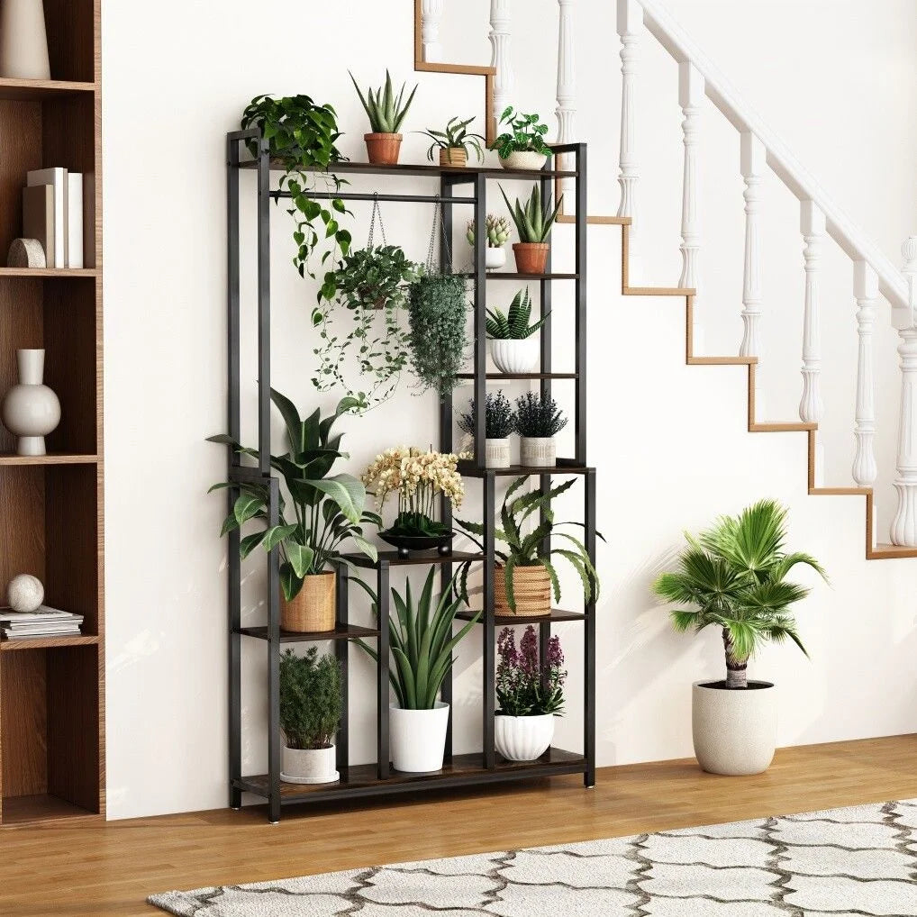Plant Stand Shelf Rack with Hanging Rod Indoor Outdoor