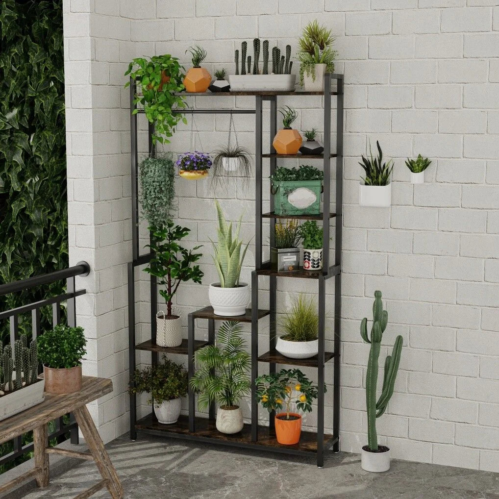 Plant Stand Shelf Rack with Hanging Rod Indoor Outdoor