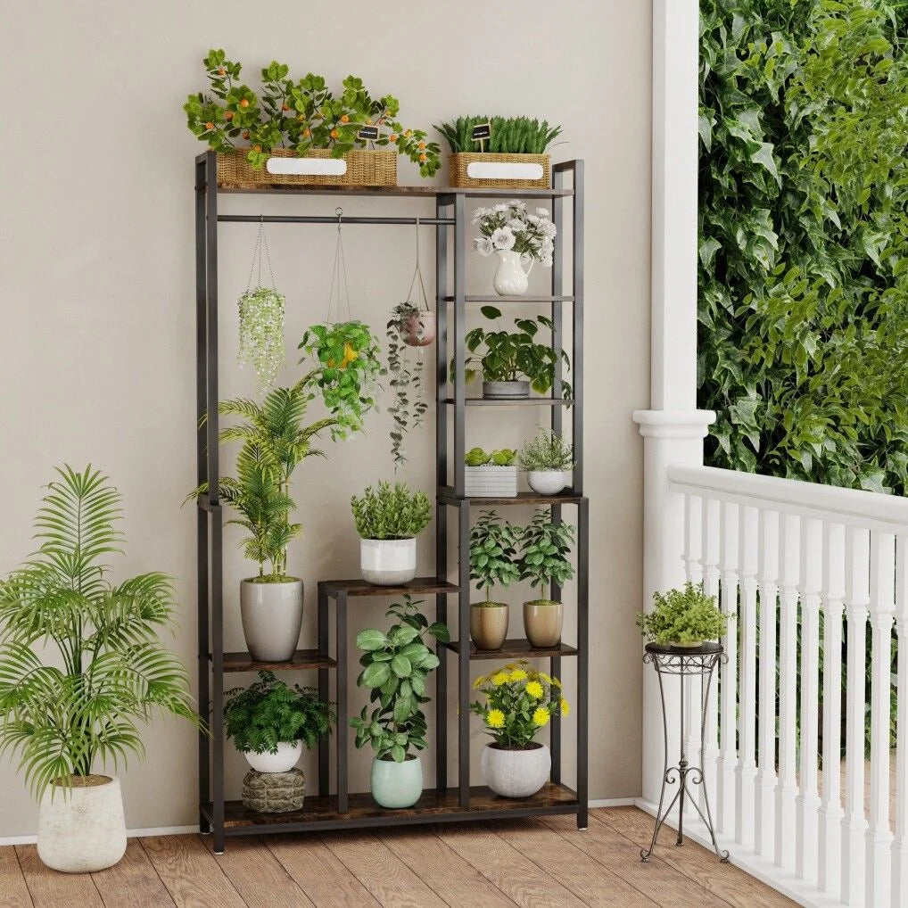 Plant Stand Shelf Rack with Hanging Rod Indoor Outdoor