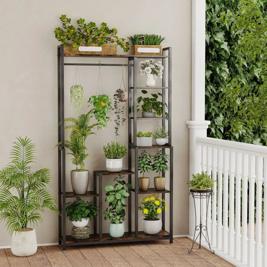 Plant Stand Shelf Rack with Hanging Rod Indoor Outdoor
