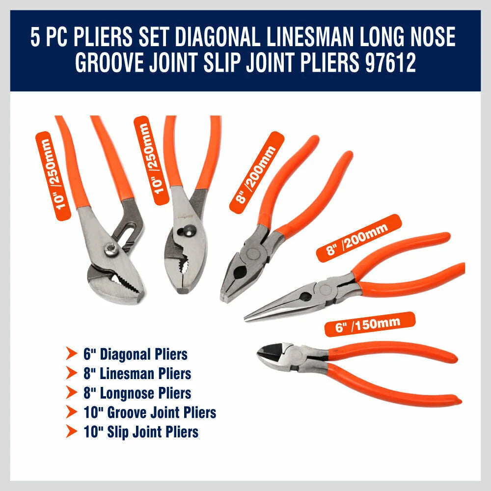 Pliers Set 5Pc Diagonal Linesman Long Nose Groove Joint