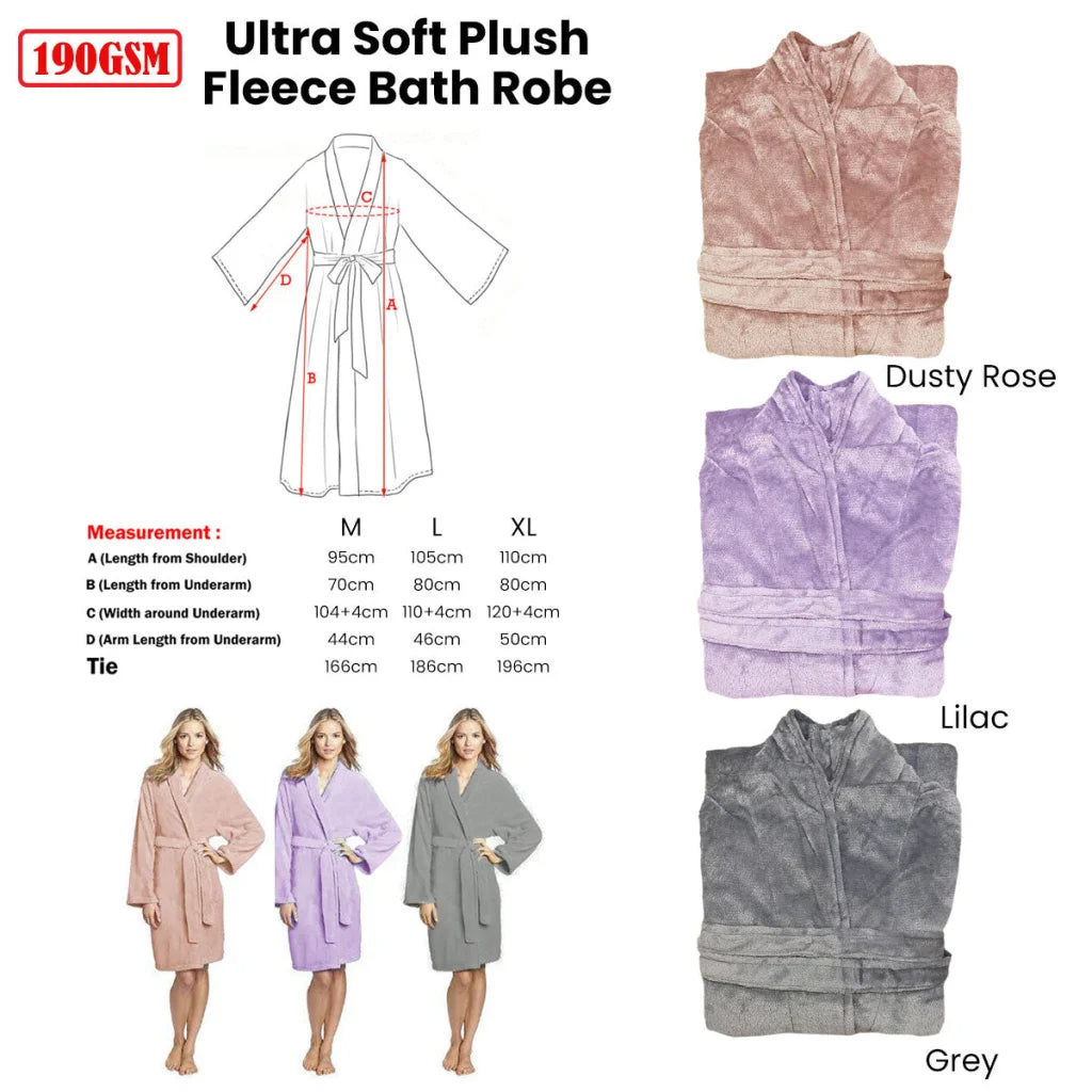 Plush Fleece Bath Robe 190GSM Ultra Soft Grey L - Home &