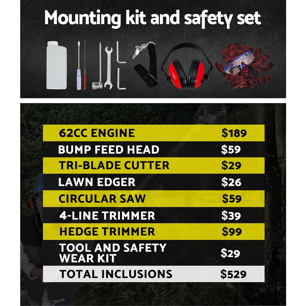 Pole Chainsaw Petrol 62CC 7 In 1 Brush Cutter Whipper