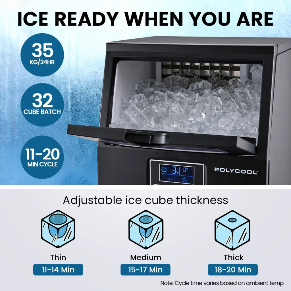 POLYCOOL Commercial Ice Maker Machine up to 35kg/24hr Timer