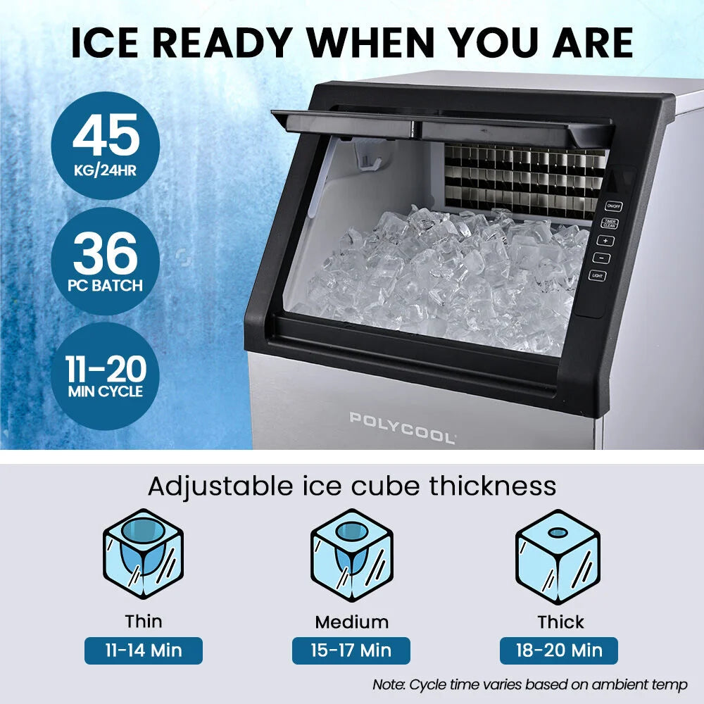 POLYCOOL Commercial Ice Maker Machine up to 45kg/24hr Timer