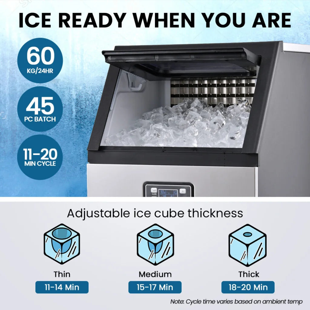 POLYCOOL Commercial Ice Maker Machine up to 60kg/24hr Timer