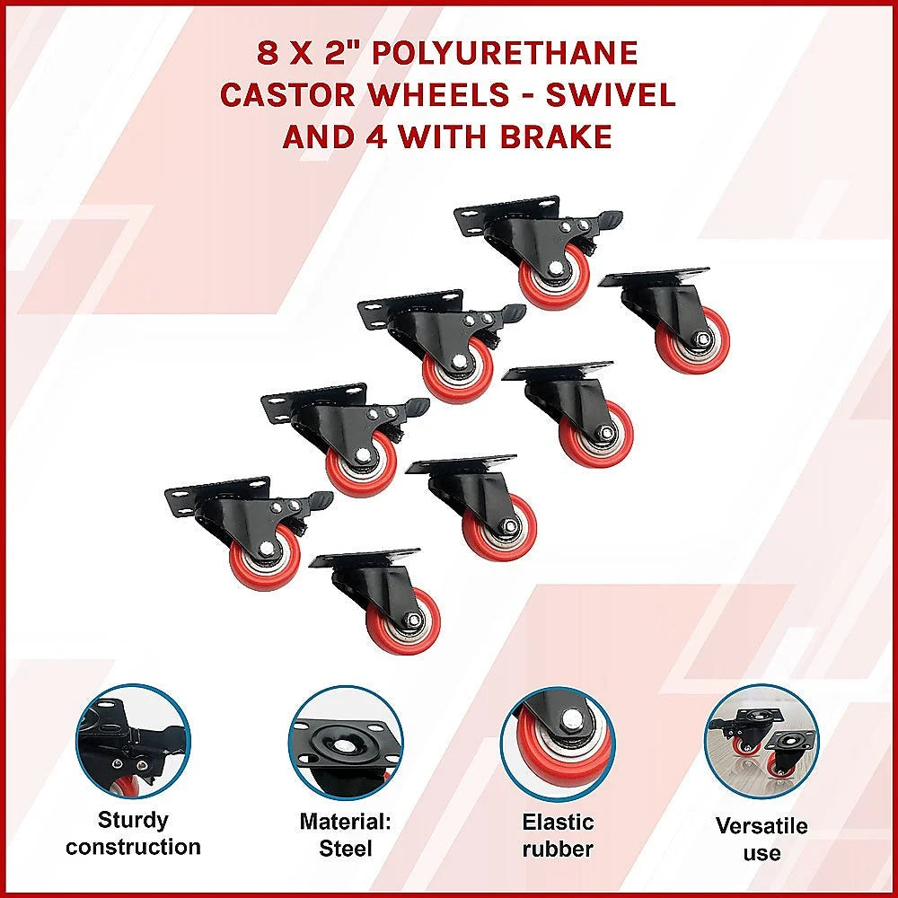 Polyurethane Castor Wheels 2’’ - 8 PCS Swivel with 4 Brakes