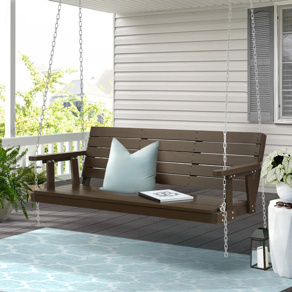 Brown wooden chair with porch swing chain outdoor