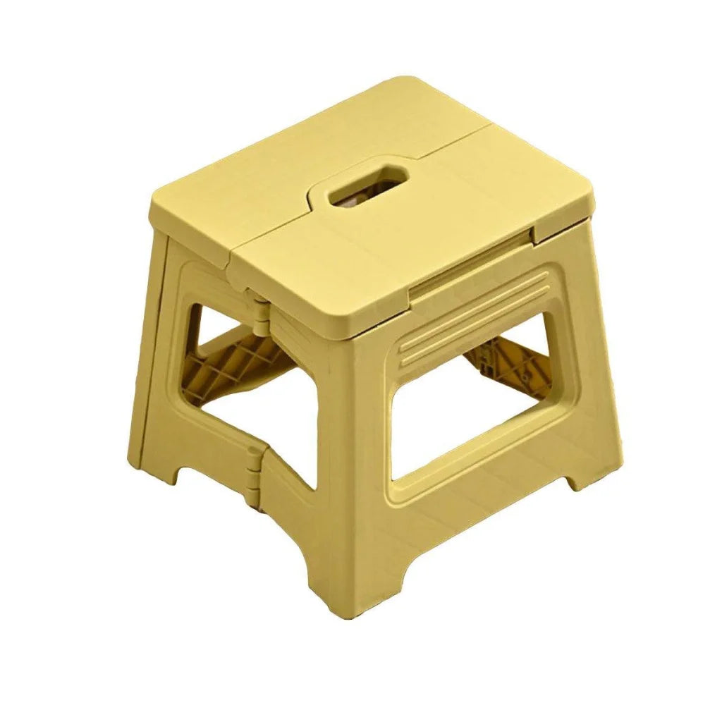 Brown plastic folding stool with collapsible plastic rings and carry strap