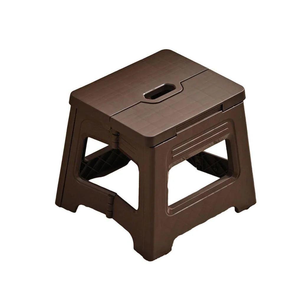 Grey plastic folding stool with caster wheels and side handle rail