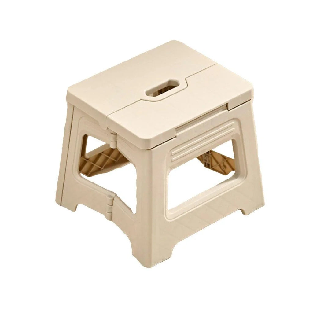 White plastic folding stool with telescopic stool body and round seat top