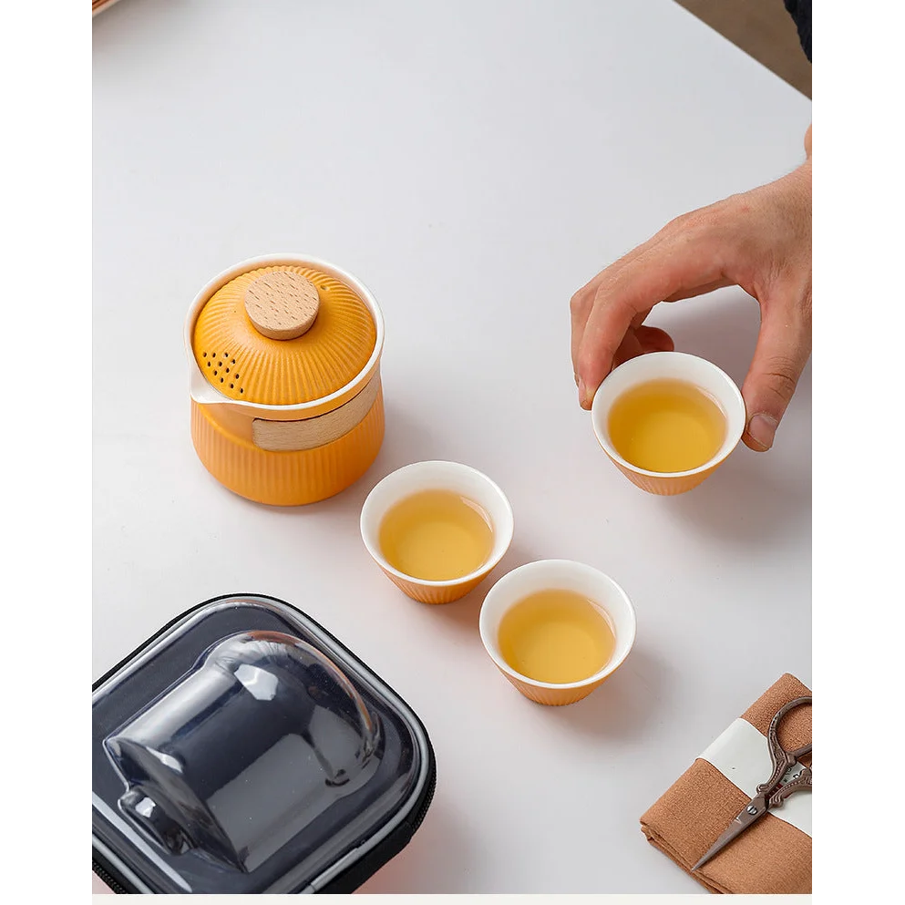 Portable Ceramic Travel Tea Set - One Pot Three Cups