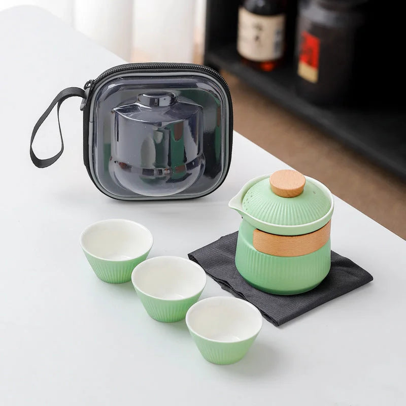Portable Ceramic Travel Tea Set - One Pot Three Cups