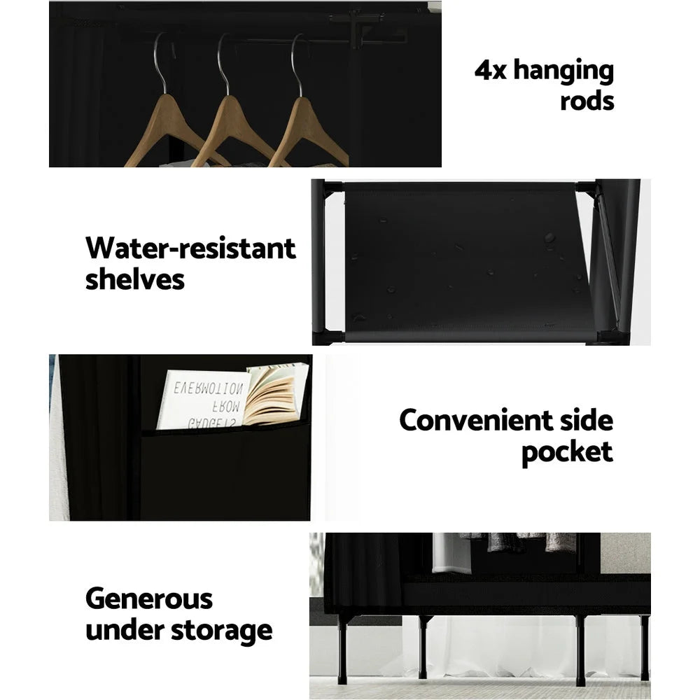 Portable clothes closet with caster wheels and side handle rail