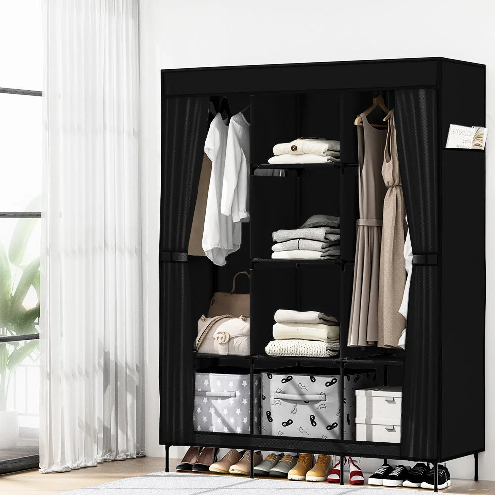 Portable Clothes Closet Wardrobe Large with Shelf - Black