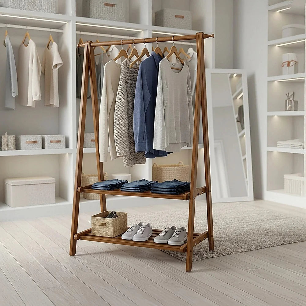 Portable Clothes Rack Coat Garment Stand Bamboo Rail