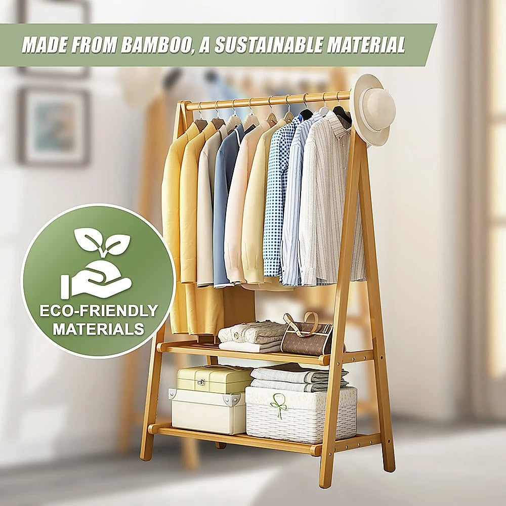 Portable Clothes Rack Coat Garment Stand - Bamboo Rail