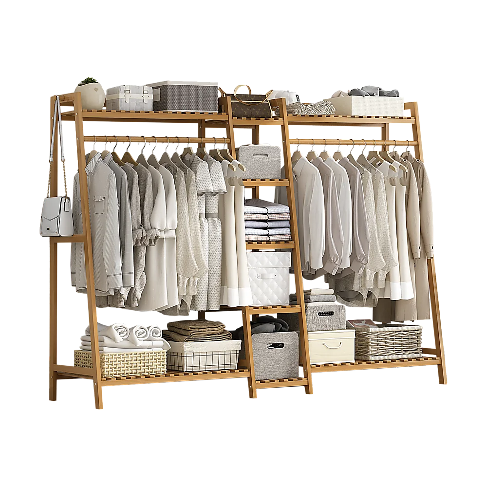 Portable Clothes Rack Coat Garment Stand bamboo rail hanger