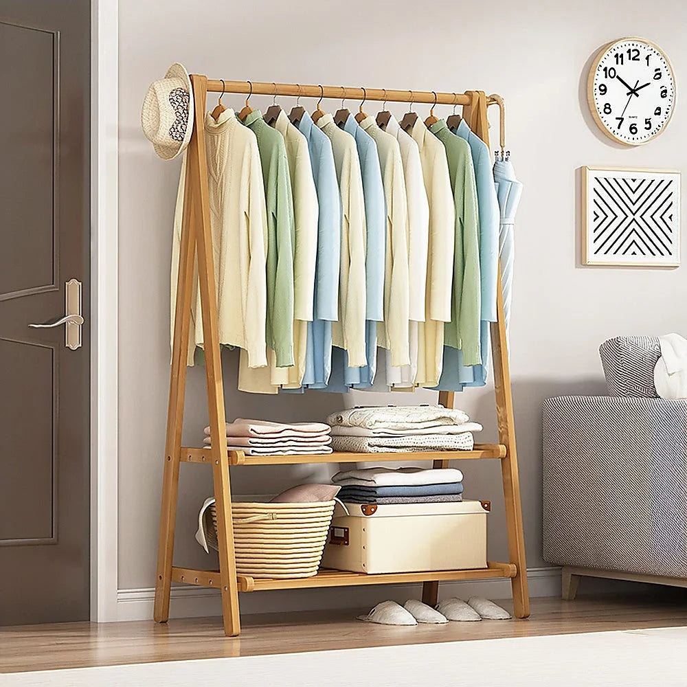 Portable Clothes Rack Coat Garment Stand - Bamboo Rail
