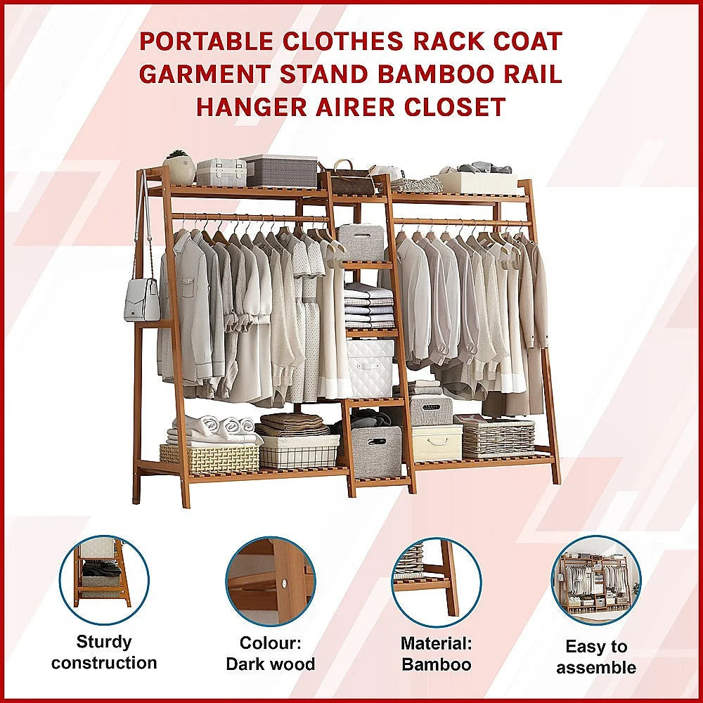 Portable Clothes Rack Coat Garment Stand - Bamboo Rail