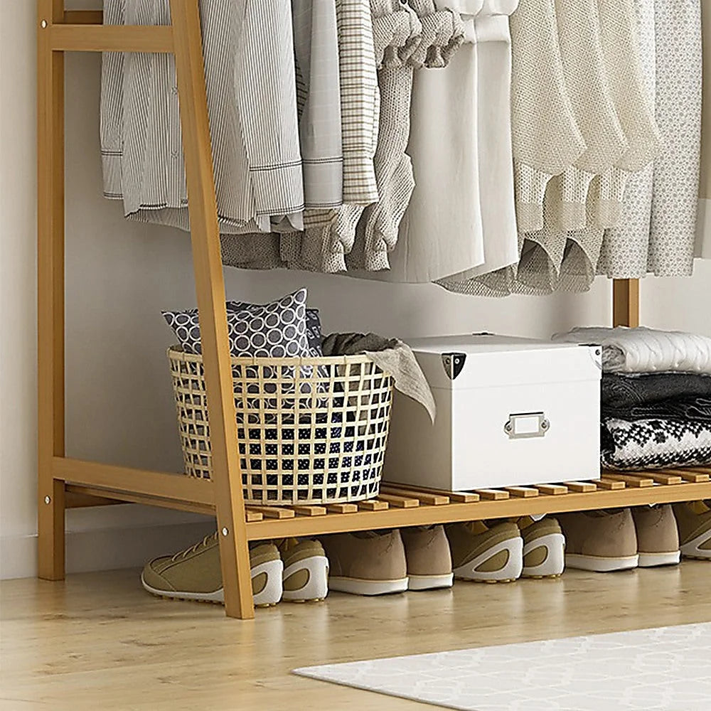 Storage rack with clothes coat shelf tiers and metal supports