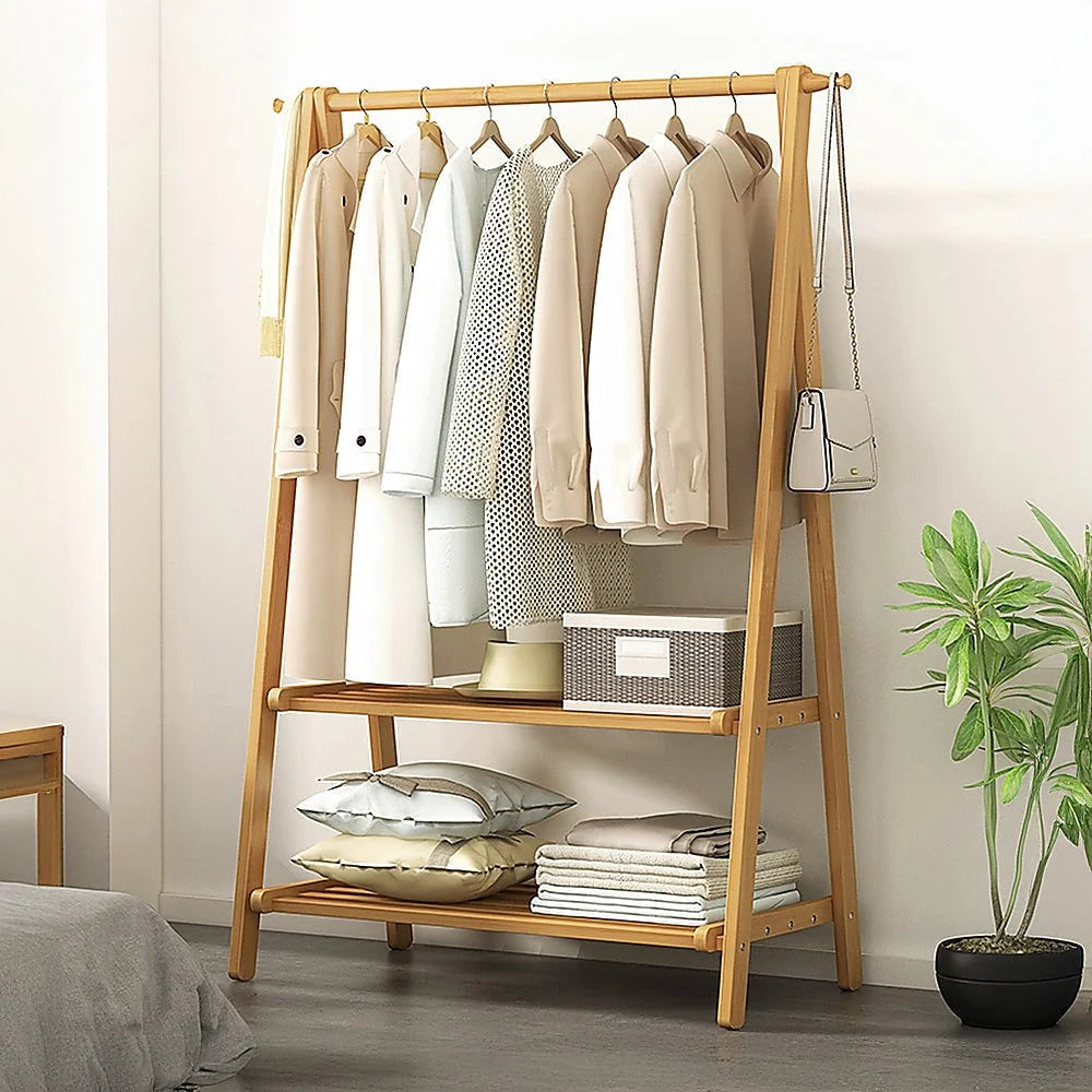 Portable Clothes Rack Coat Garment Stand - Bamboo Rail