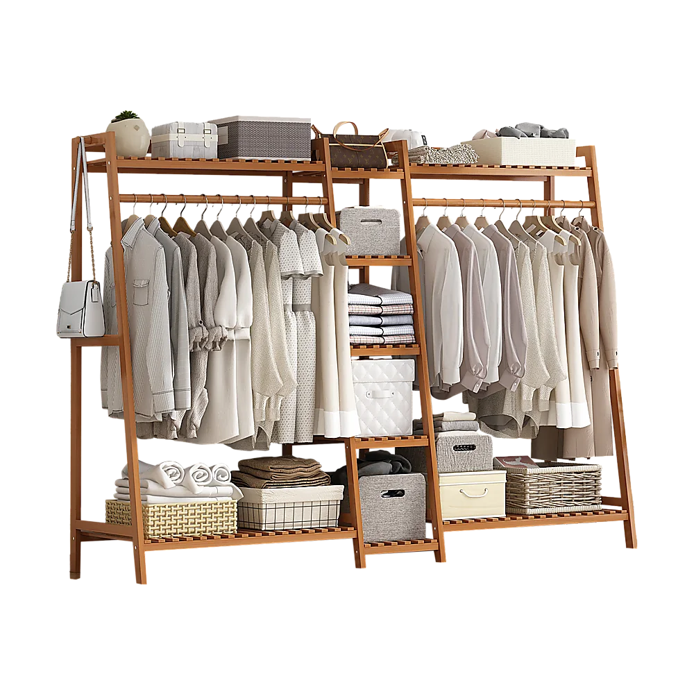 Portable Clothes Rack Coat Garment Stand - Bamboo Rail
