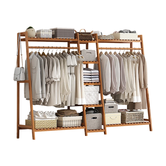 Portable Clothes Rack Coat Garment Stand Bamboo Rail