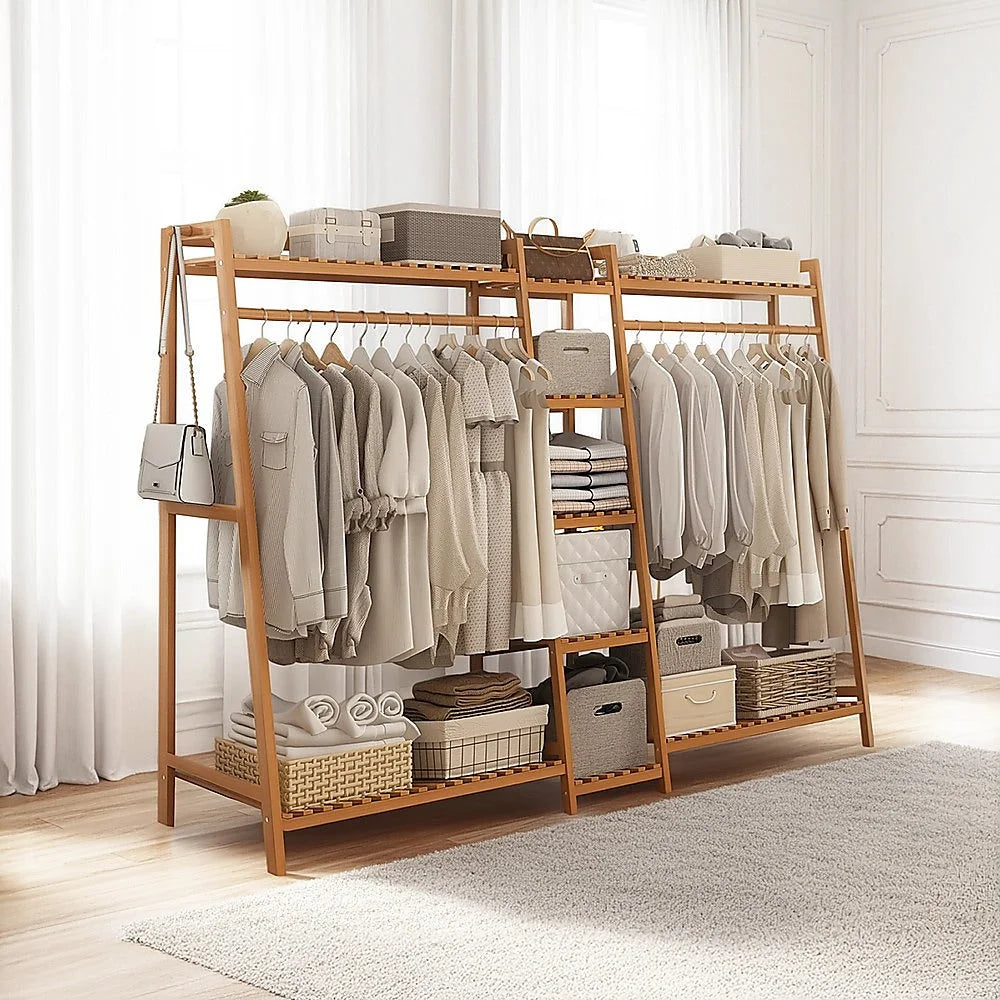 Bamboo storage rack with shelf tiers and metal supports