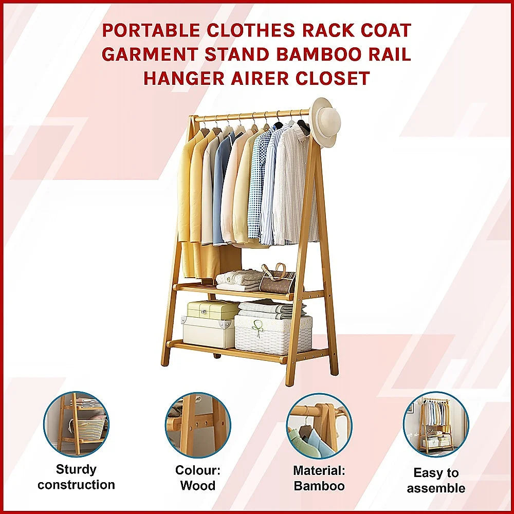 Portable Clothes Rack Coat Garment Stand - Bamboo Rail