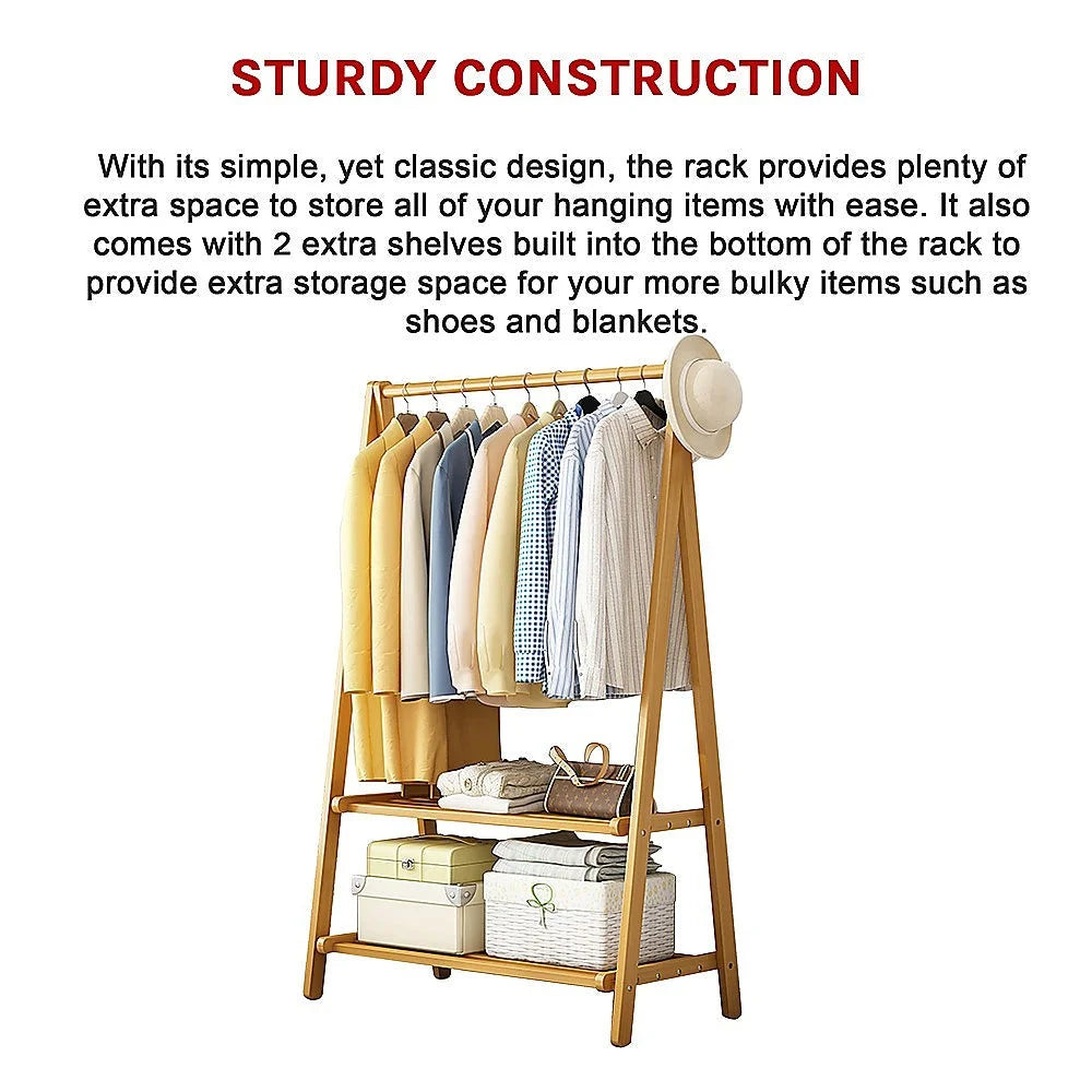 Portable Clothes Rack Coat Garment Stand - Bamboo Rail