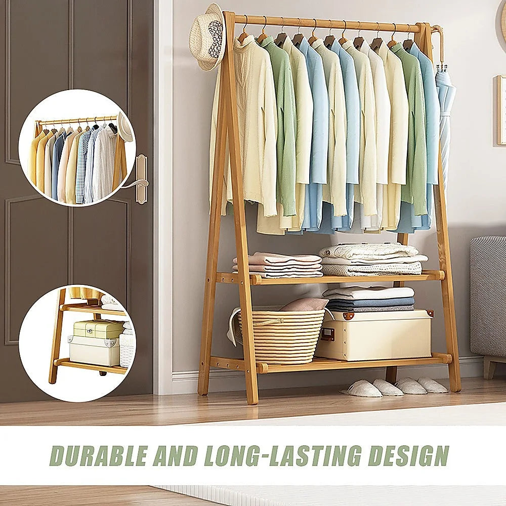 Portable Clothes Rack Coat Garment Stand - Bamboo Rail
