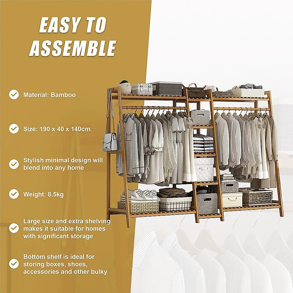 Bamboo portable clothes rack with adjustable supports and fitted brackets