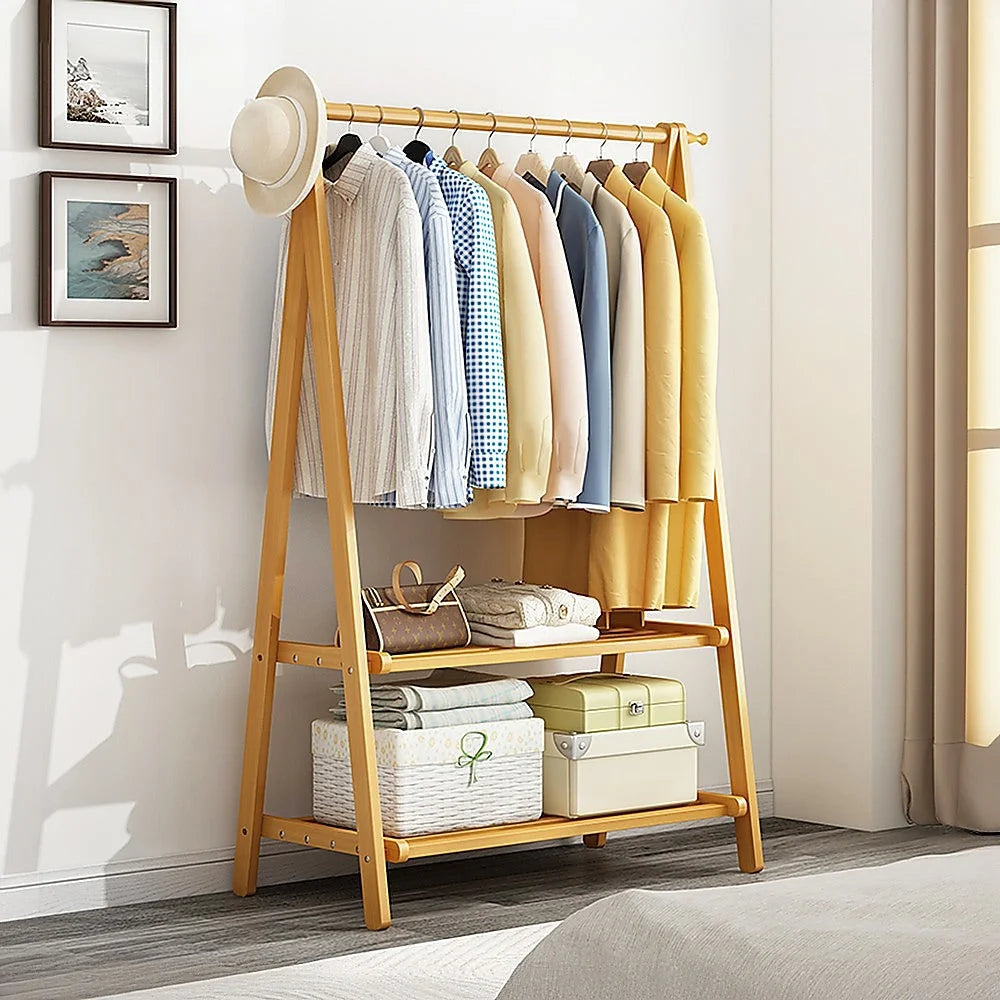 Portable Clothes Rack Coat Garment Stand - Bamboo Rail