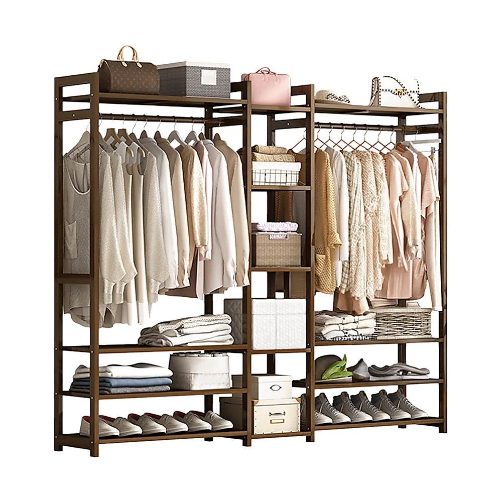 Bamboo portable clothes rack with display shelves and upright posts