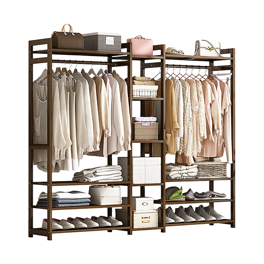 Bamboo portable clothes rack with display shelves and upright posts