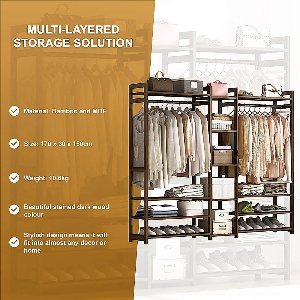 Portable Clothes Rack Coat Garment Stand - Bamboo Rail