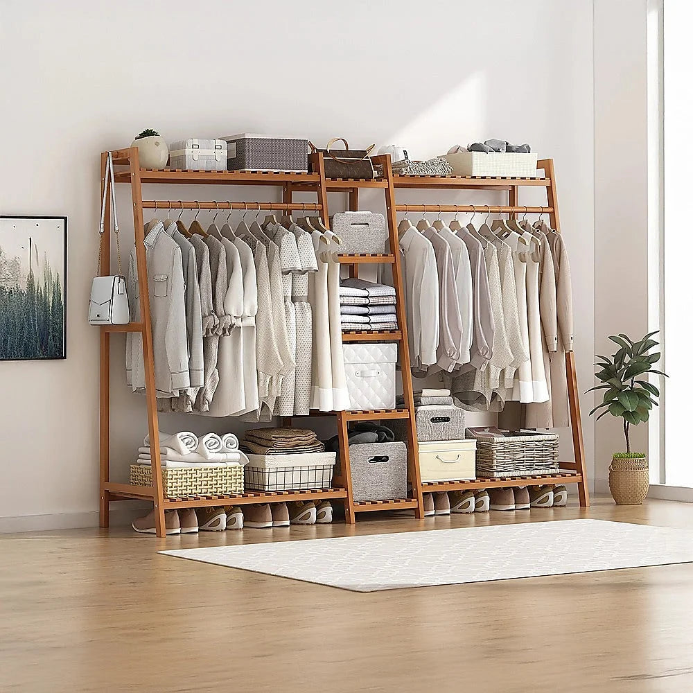 Portable Clothes Rack Coat Garment Stand - Bamboo Rail