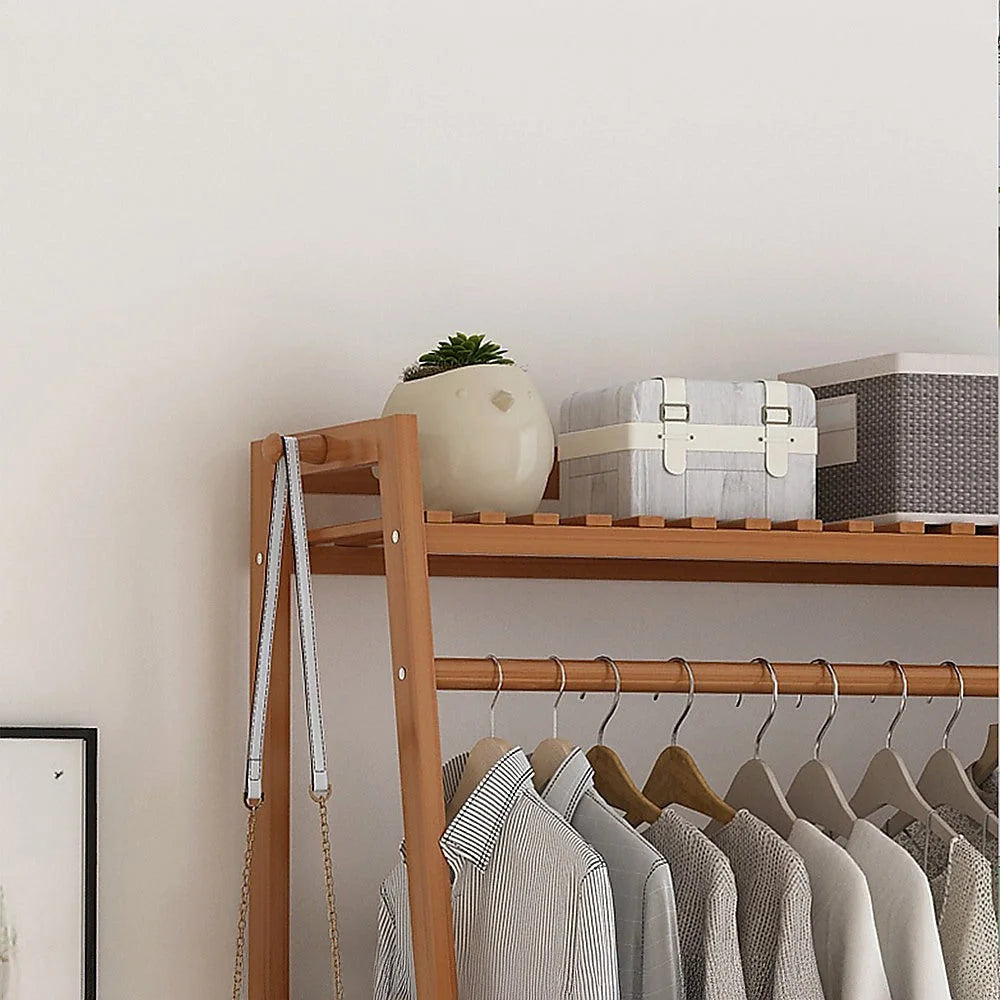 Portable Clothes Rack Coat Garment Stand - Bamboo Rail