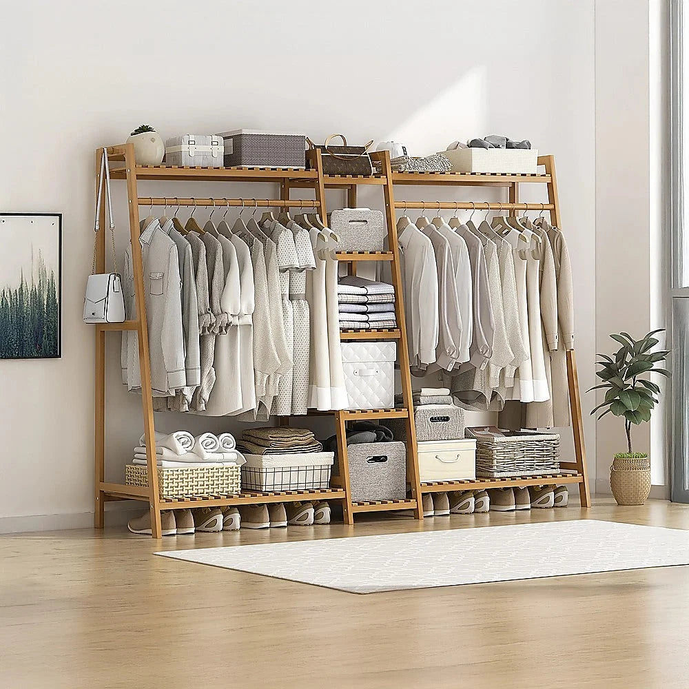 Bamboo storage rack with garage shelving and cross braces