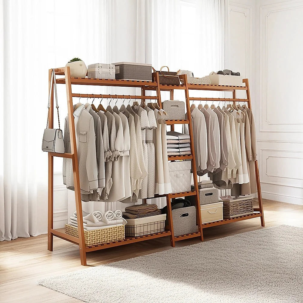 Portable Clothes Rack Coat Garment Stand - Bamboo Rail